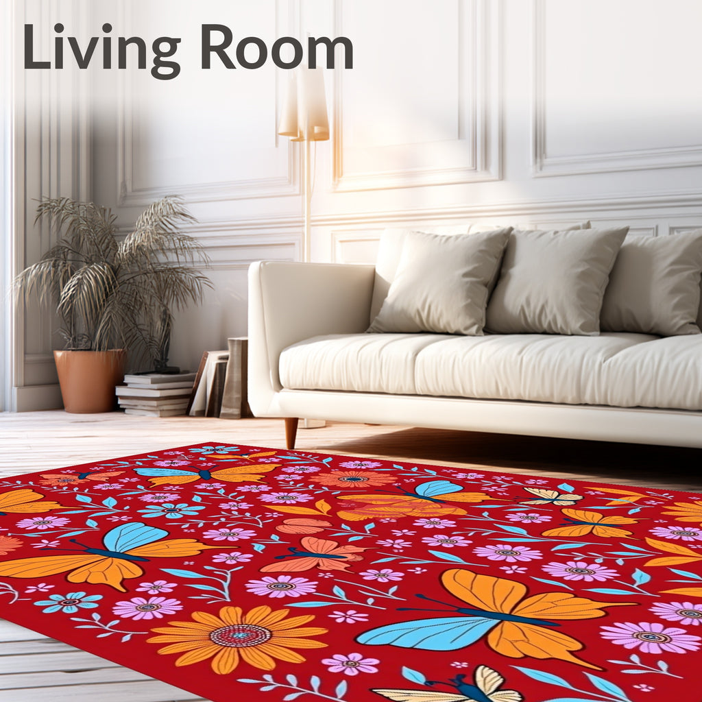 Crimson Garden Butterflies Floral Medley Rug