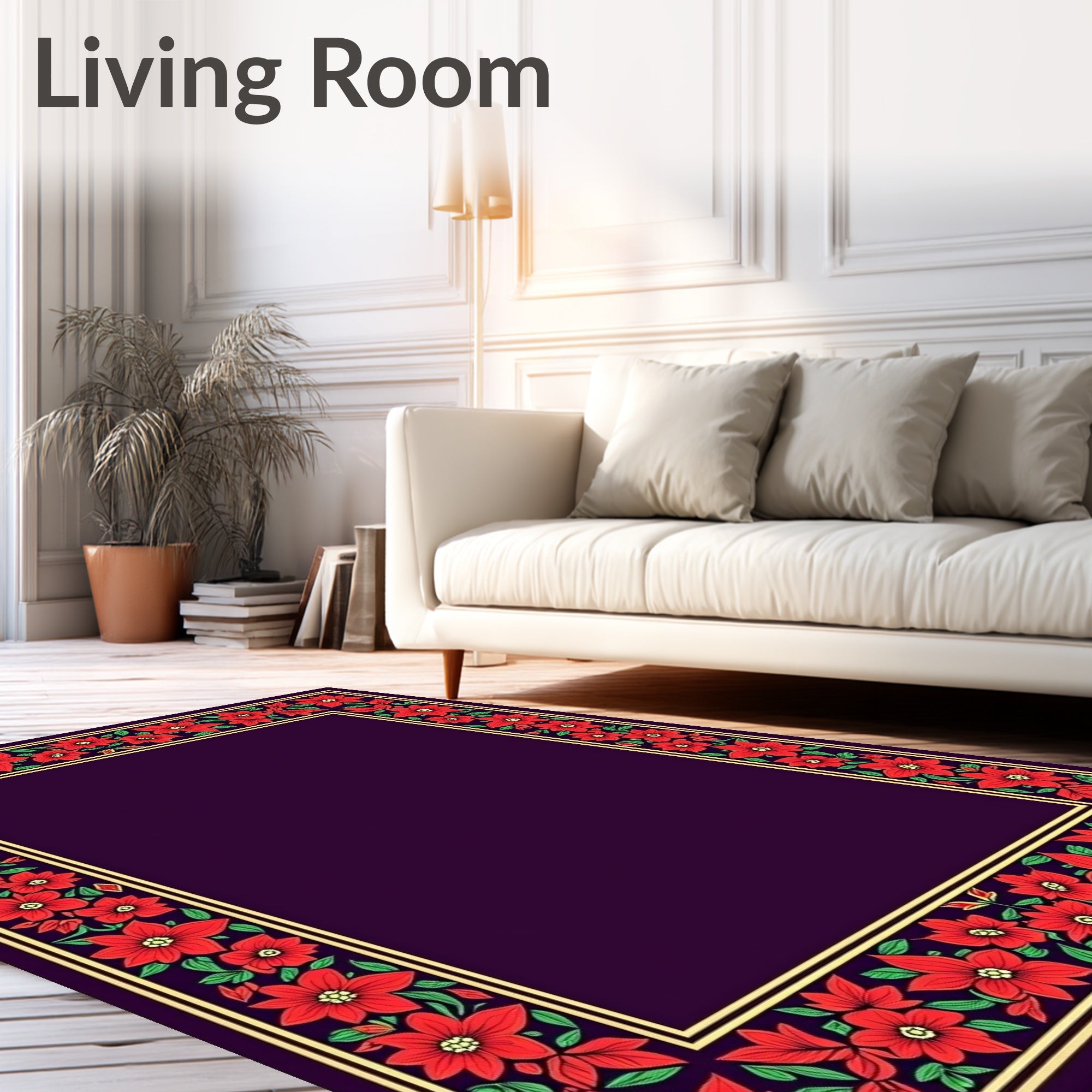 Rich Red Floral Border Plum Background Rug