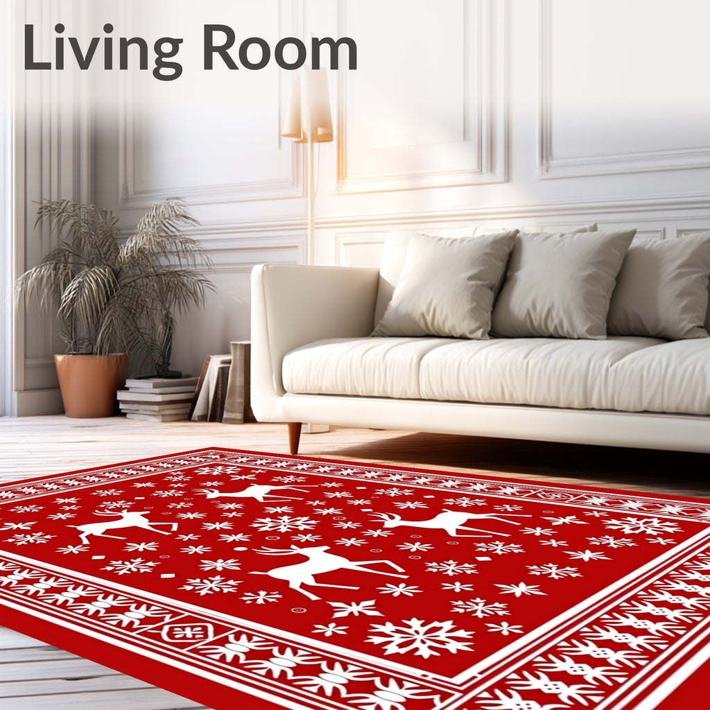 Festive Red White Deer Snowflake Accent Rug