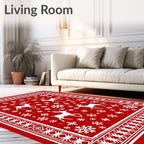 Festive Red White Deer Snowflake Accent Rug