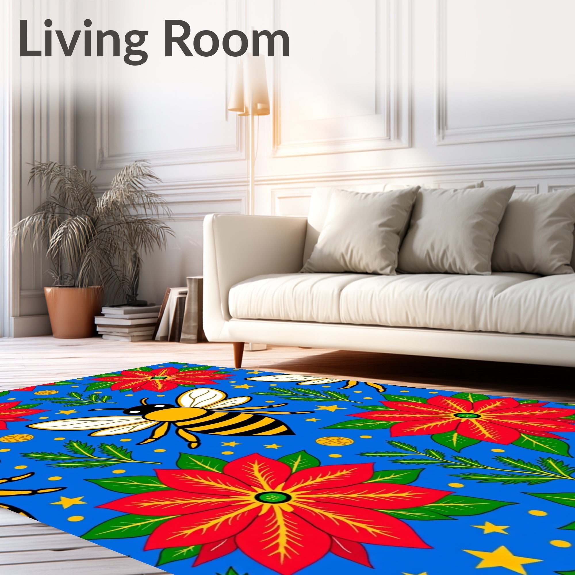 Bright Blue Bumble Bee Poinsettia Stars Rug