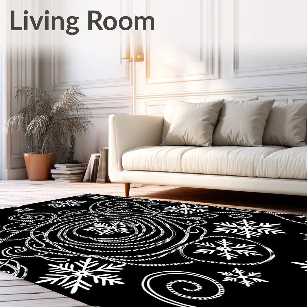 Black White Snowflake Swirl Accents Rug