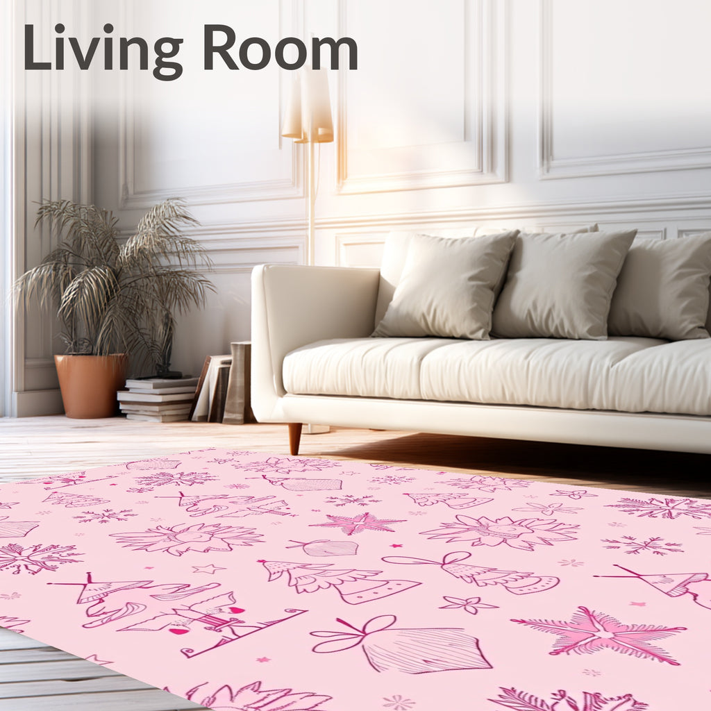 Pink Festive Christmas Trees Snowflakes Bells Rug