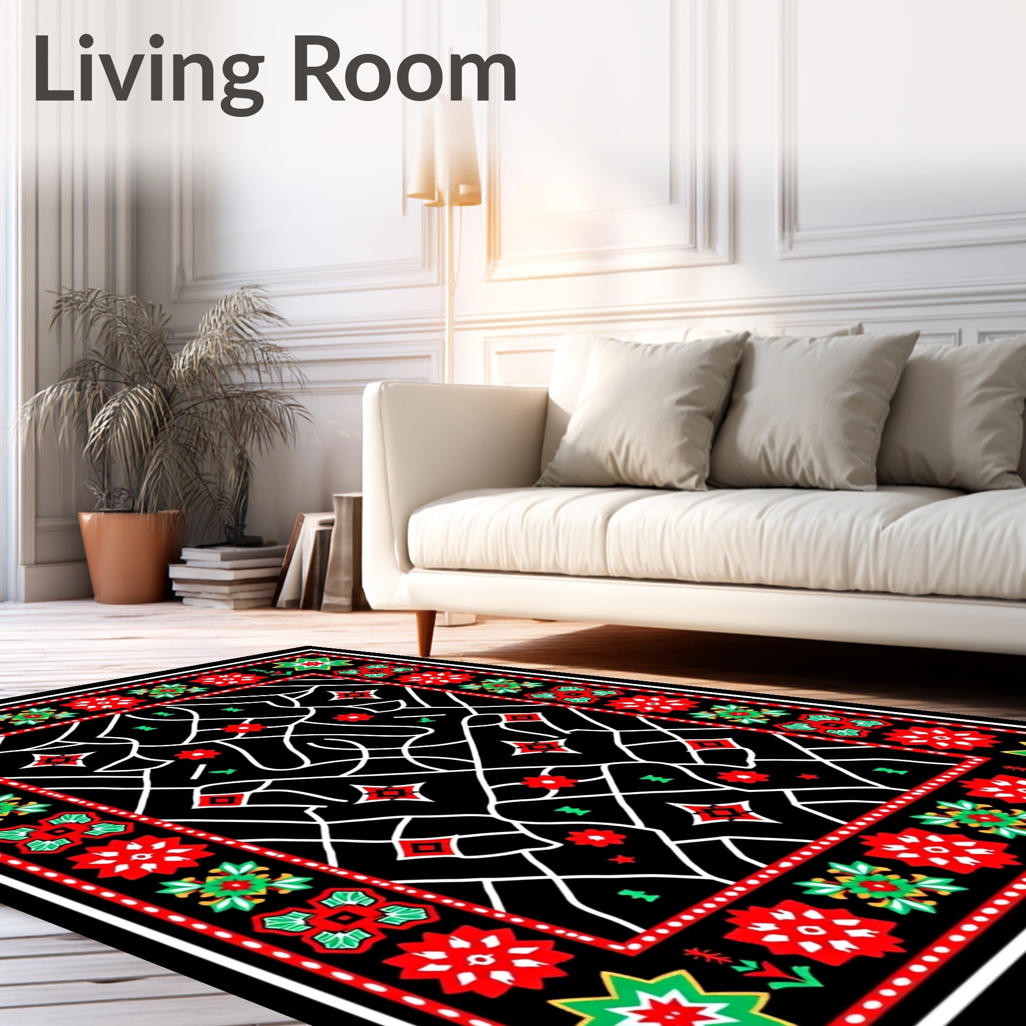 Bold Red Floral Geometric Border Rug