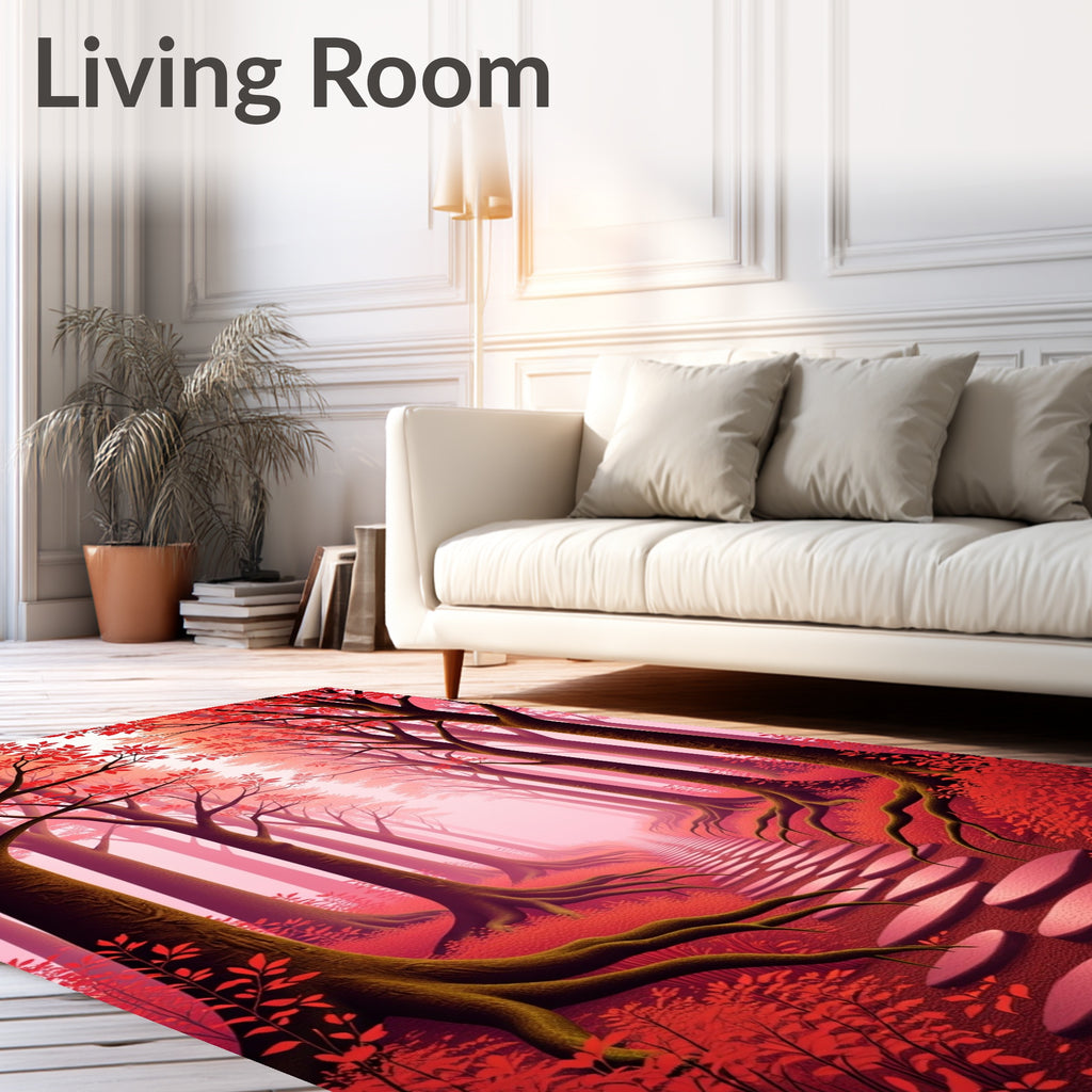 Crimson Forest Path Surrealism Rug
