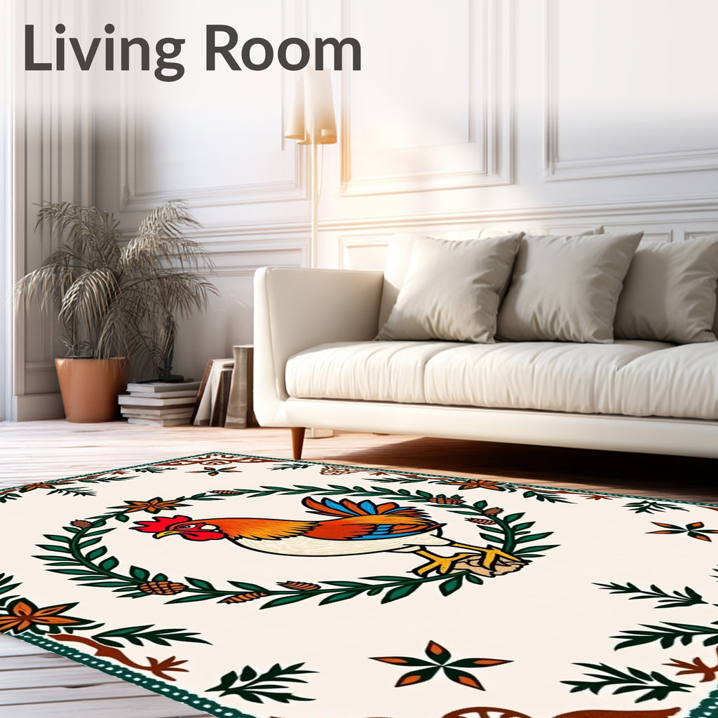 Fiery Rooster Floral Garland Border Rug