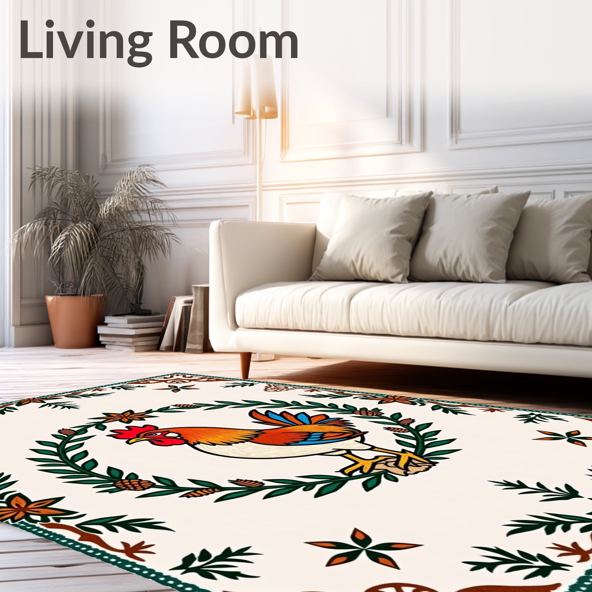 Fiery Rooster Floral Garland Border Rug