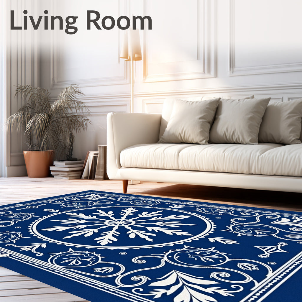 Deep Blue Snowflake Medallion Scrollwork Rug