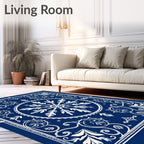 Deep Blue Snowflake Medallion Scrollwork Rug