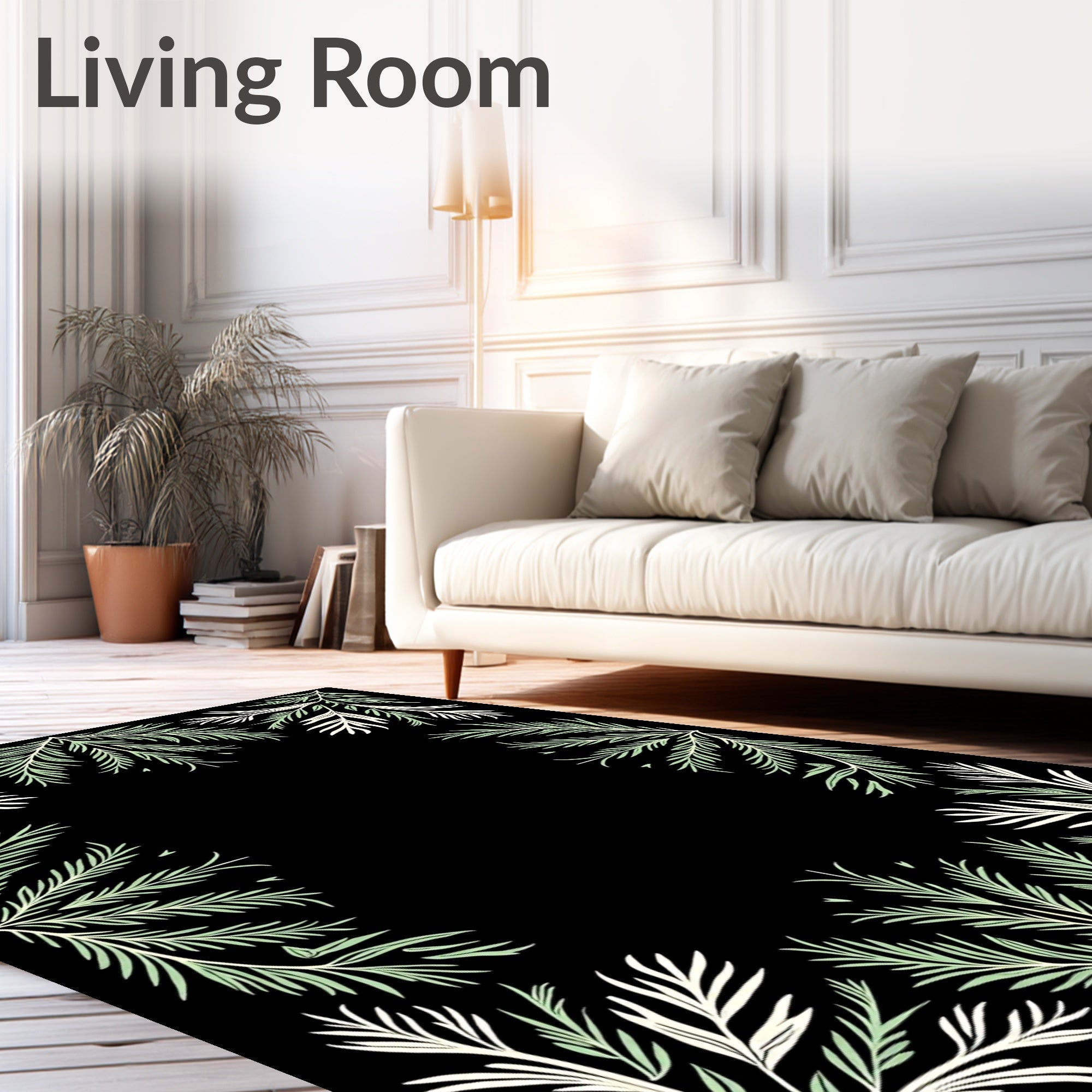 Soft Green Branch Border Frame Rug