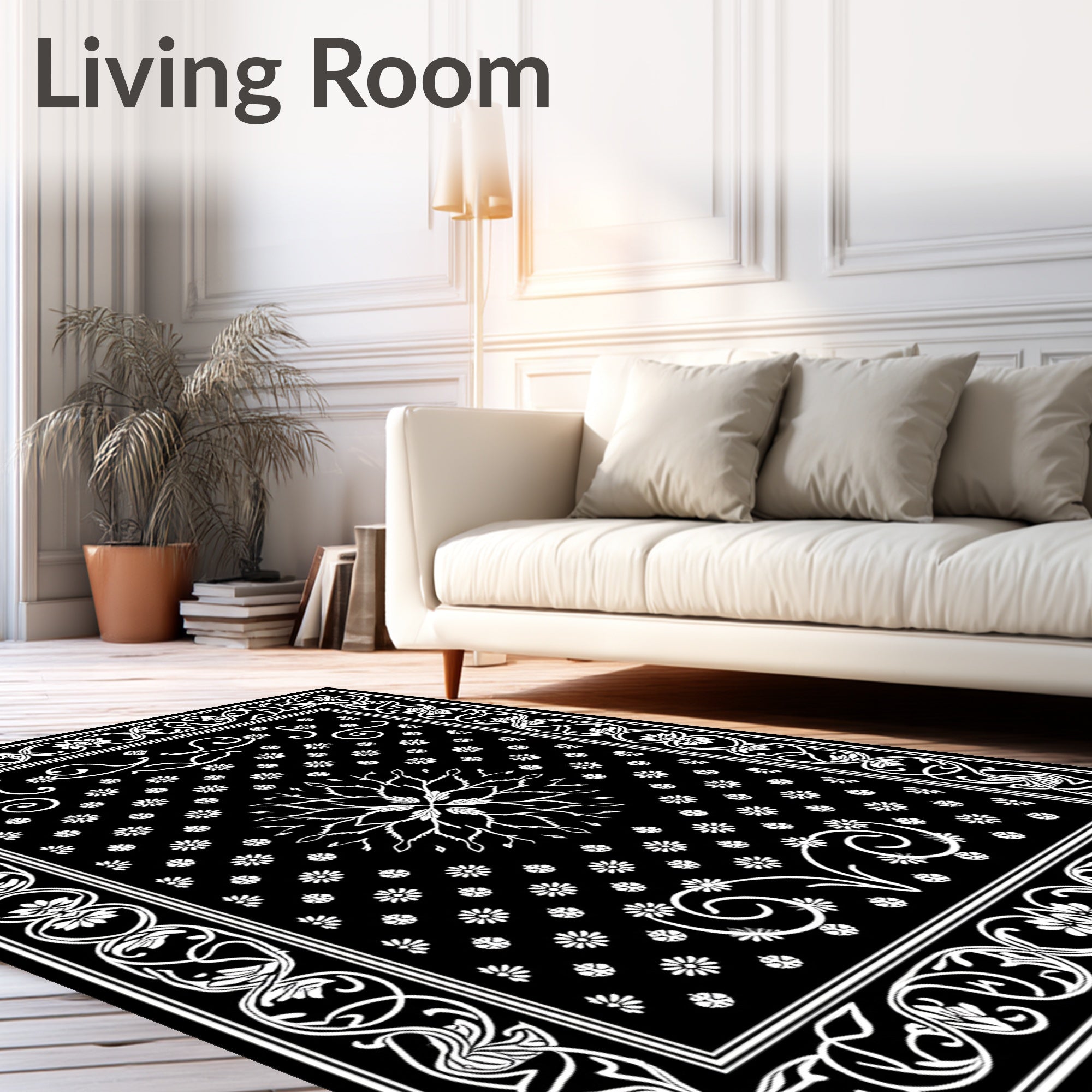 Black White Floral Medallion Scroll Rug