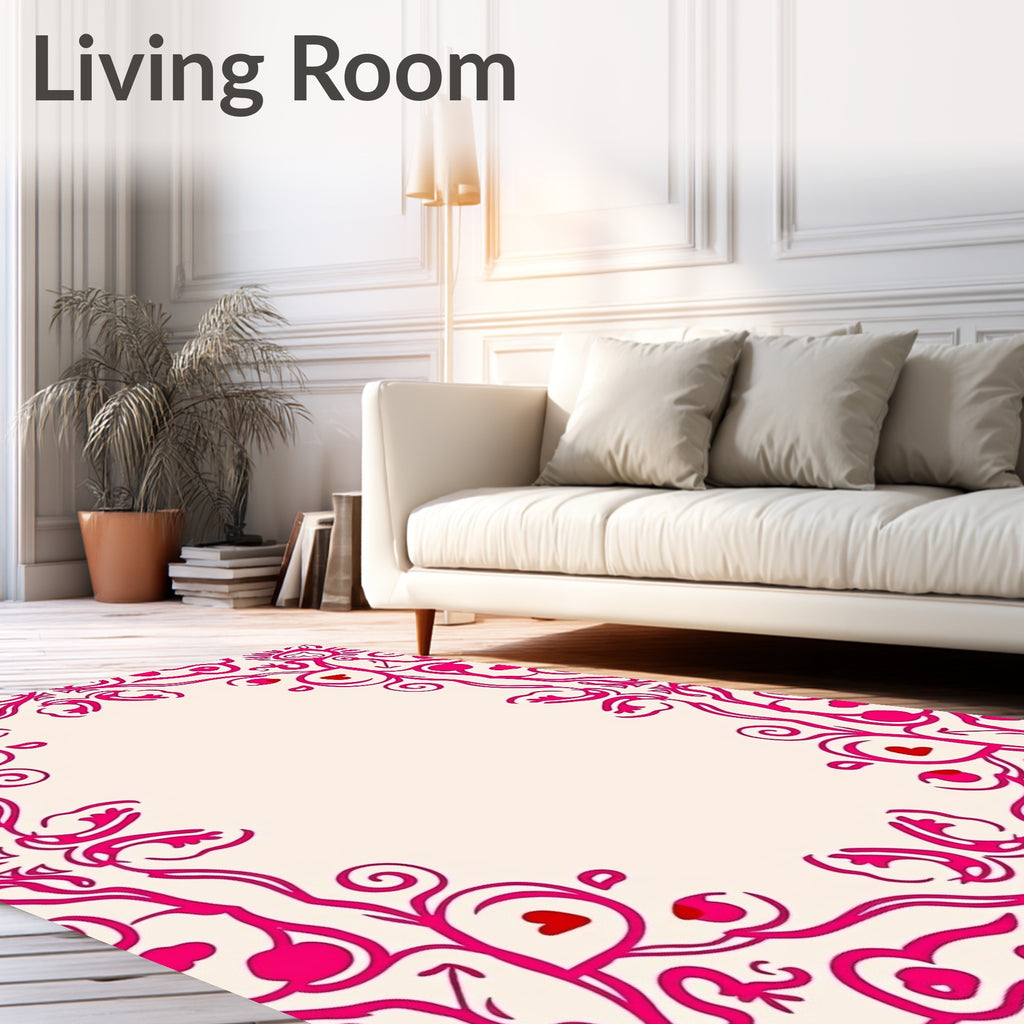 Vibrant Pink Floral Heart Swirl Border Rug