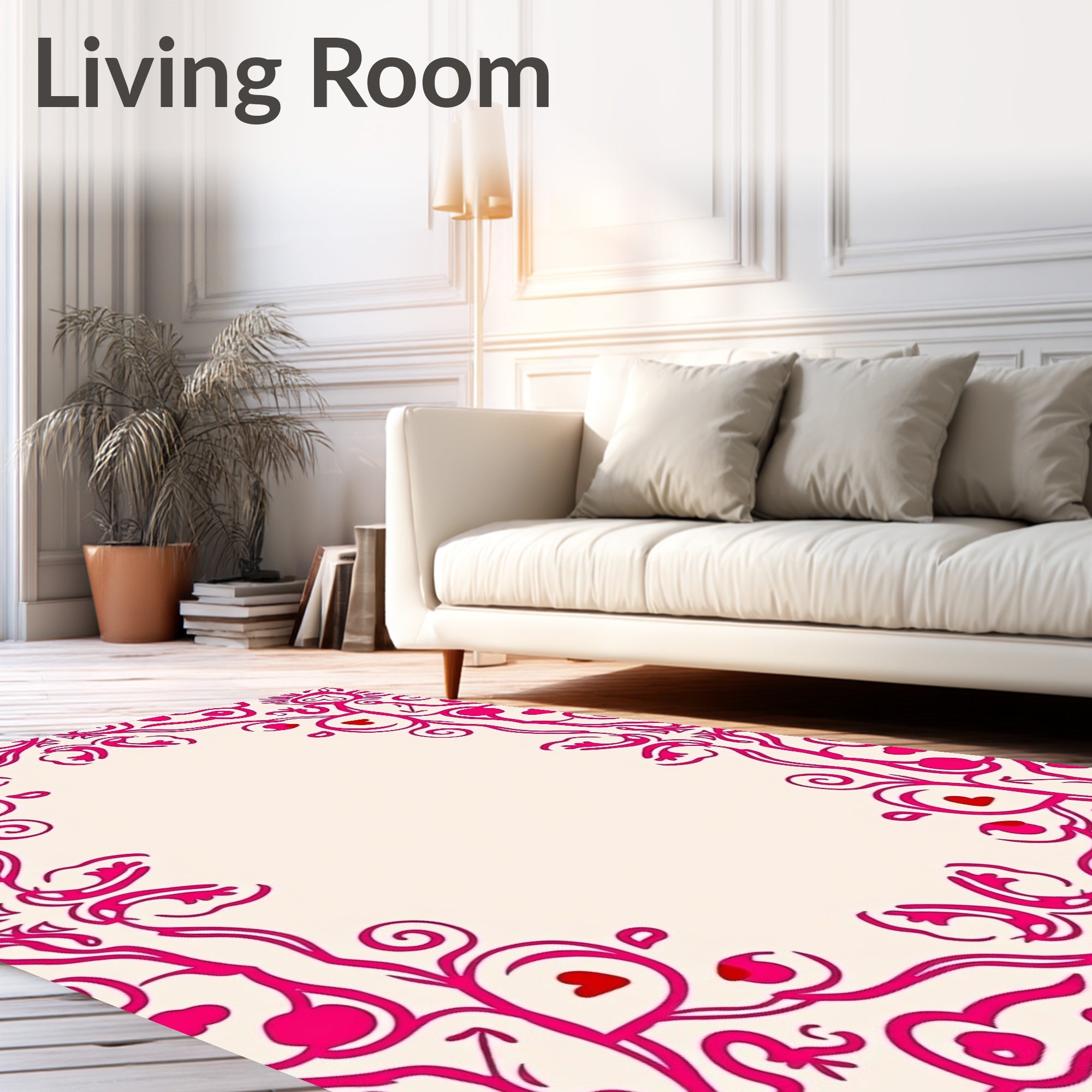 Vibrant Pink Floral Heart Swirl Border Rug