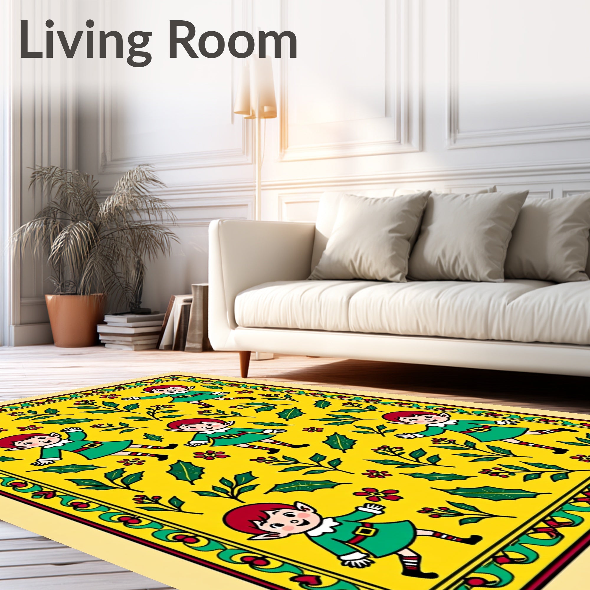 Whimsical Elf Holly Garland Yellow Rug