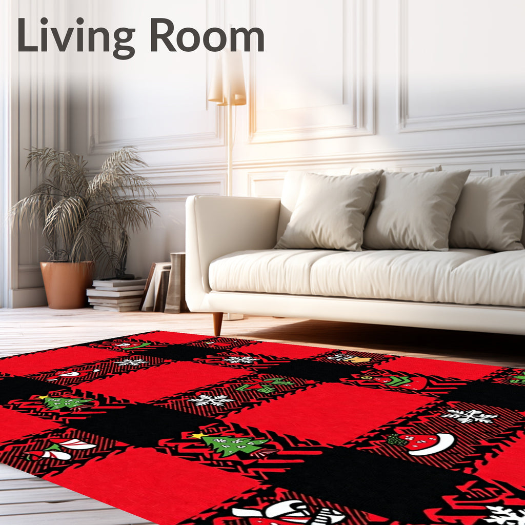 Red Black Buffalo Plaid Christmas Icons Rug