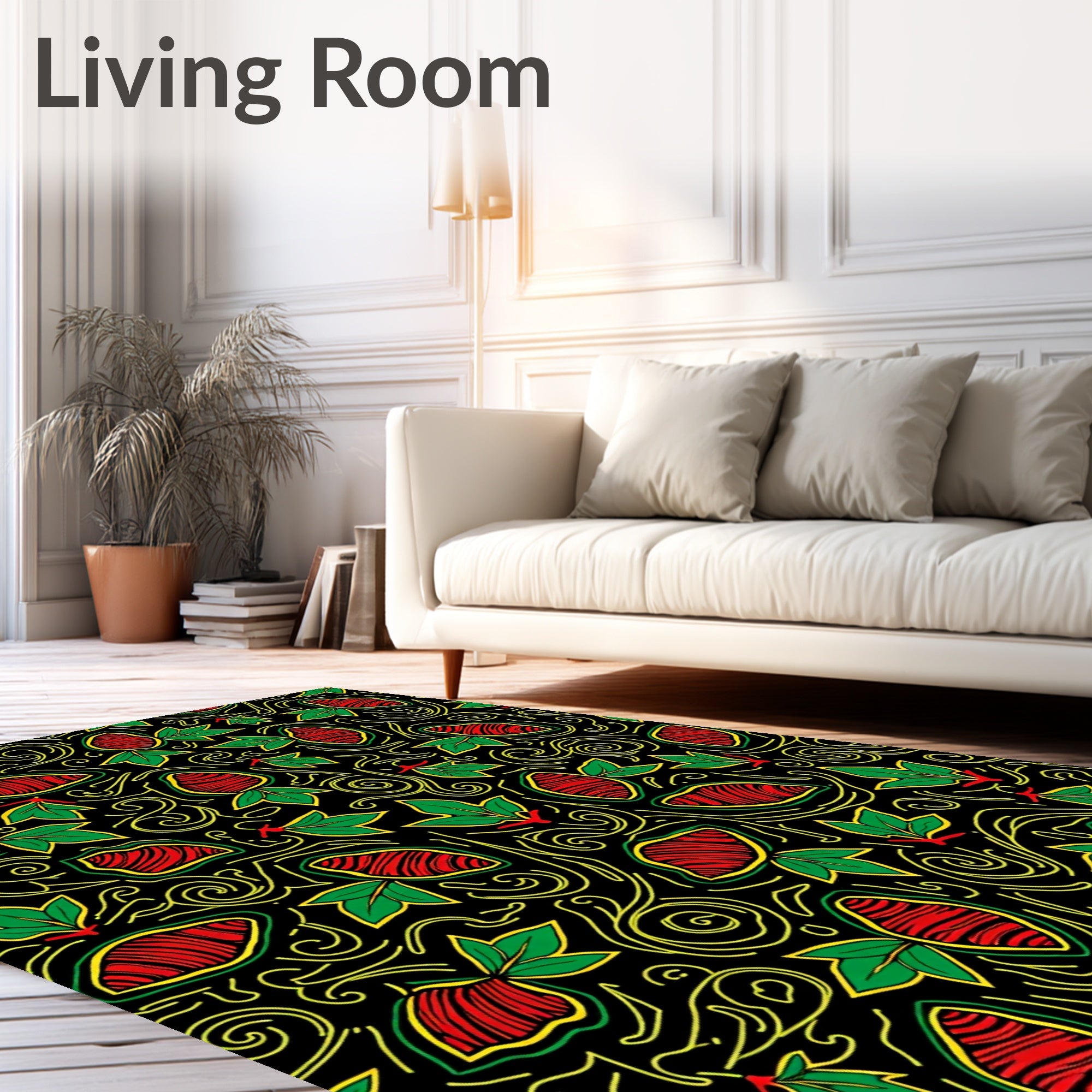 Bold Red Green Leaf Swirl Rug