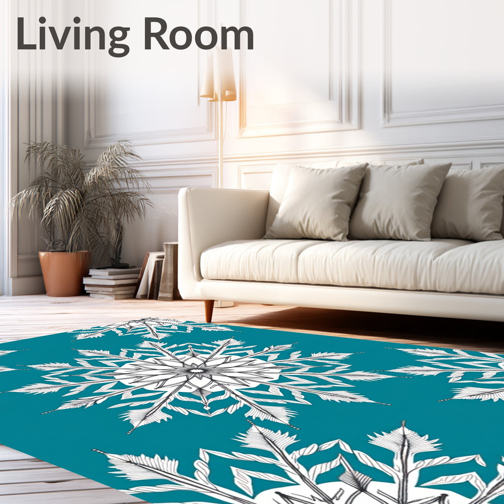 Teal White Snowflake Mandala Rug
