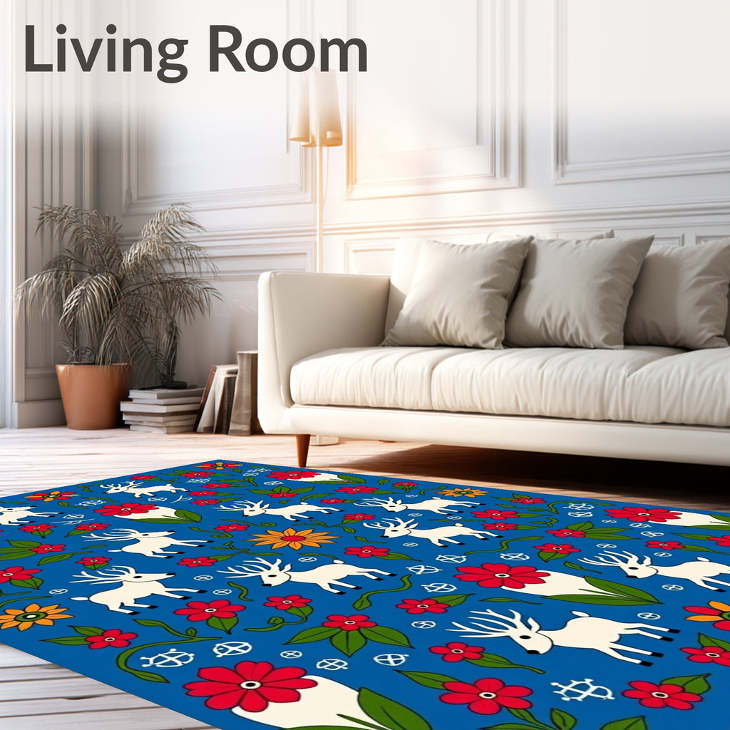 Whimsical White Deer Red Flower Tile Rug