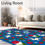 Whimsical White Deer Red Flower Tile Rug