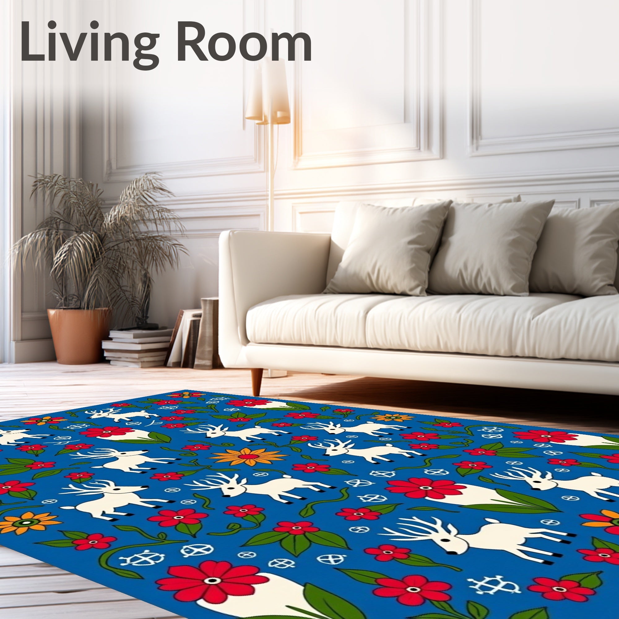 Whimsical White Deer Red Flower Tile Rug