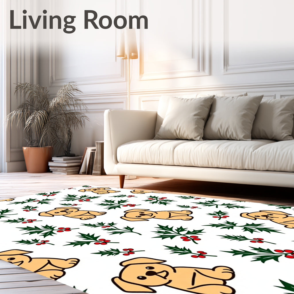 Cute Golden Puppy Holly Berry Sprig Rug