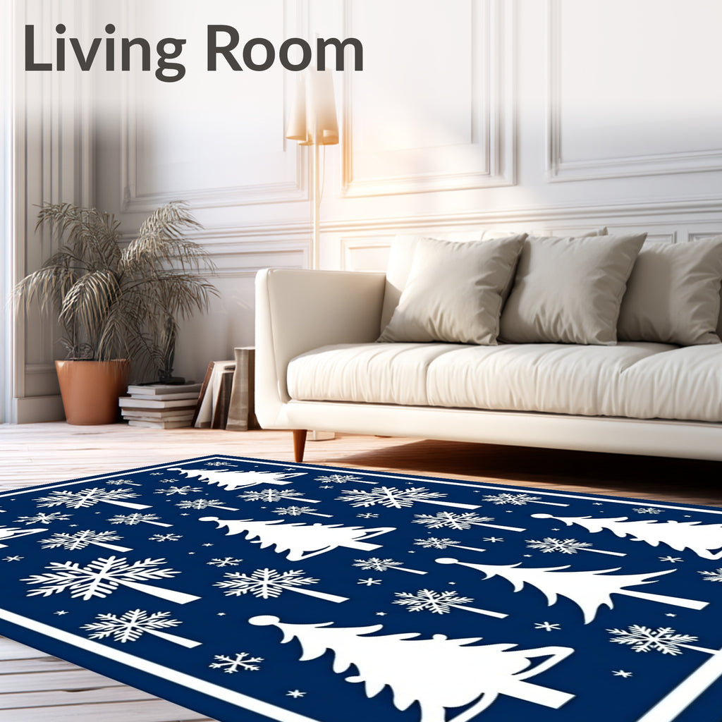 Classic Blue Snow Winter Forest Rug