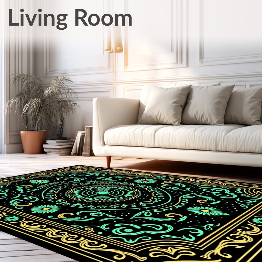 Black Teal Yellow Mandala Floral Border Rug