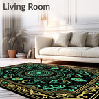 Black Teal Yellow Mandala Floral Border Rug