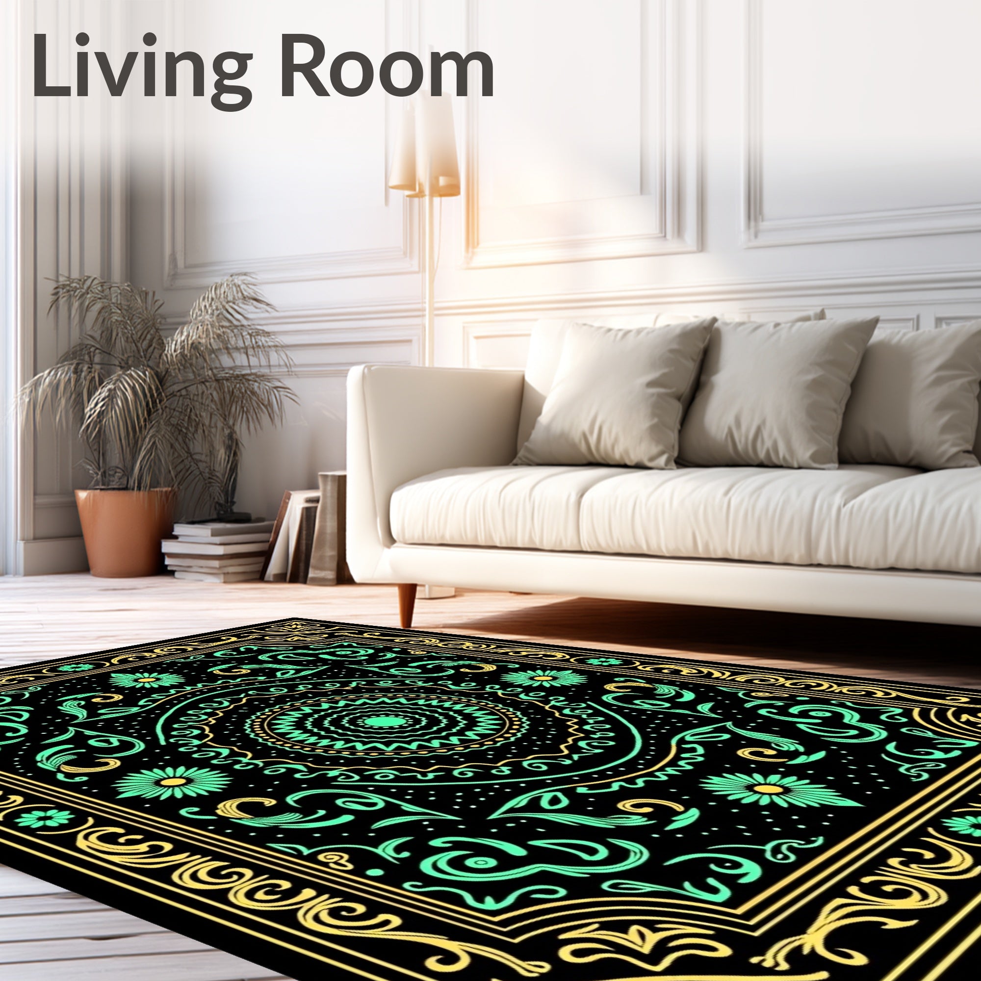 Black Teal Yellow Mandala Floral Border Rug
