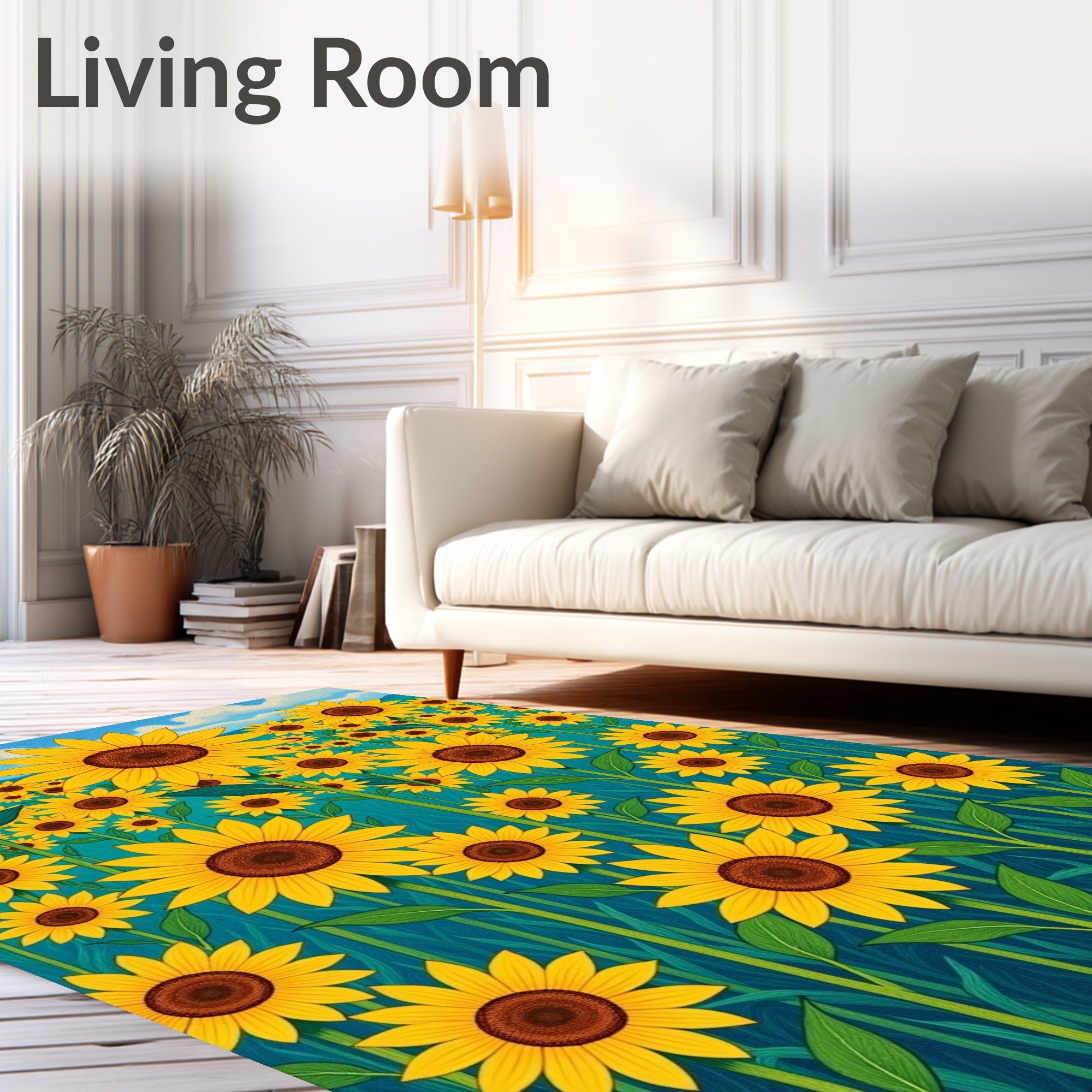 Golden Sunflower Field Sky Blues Rug