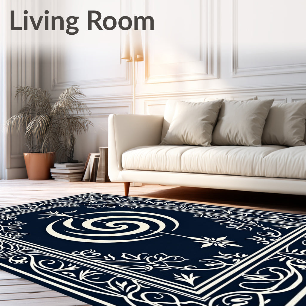 Navy Ivory Ornate Floral Scroll Rug