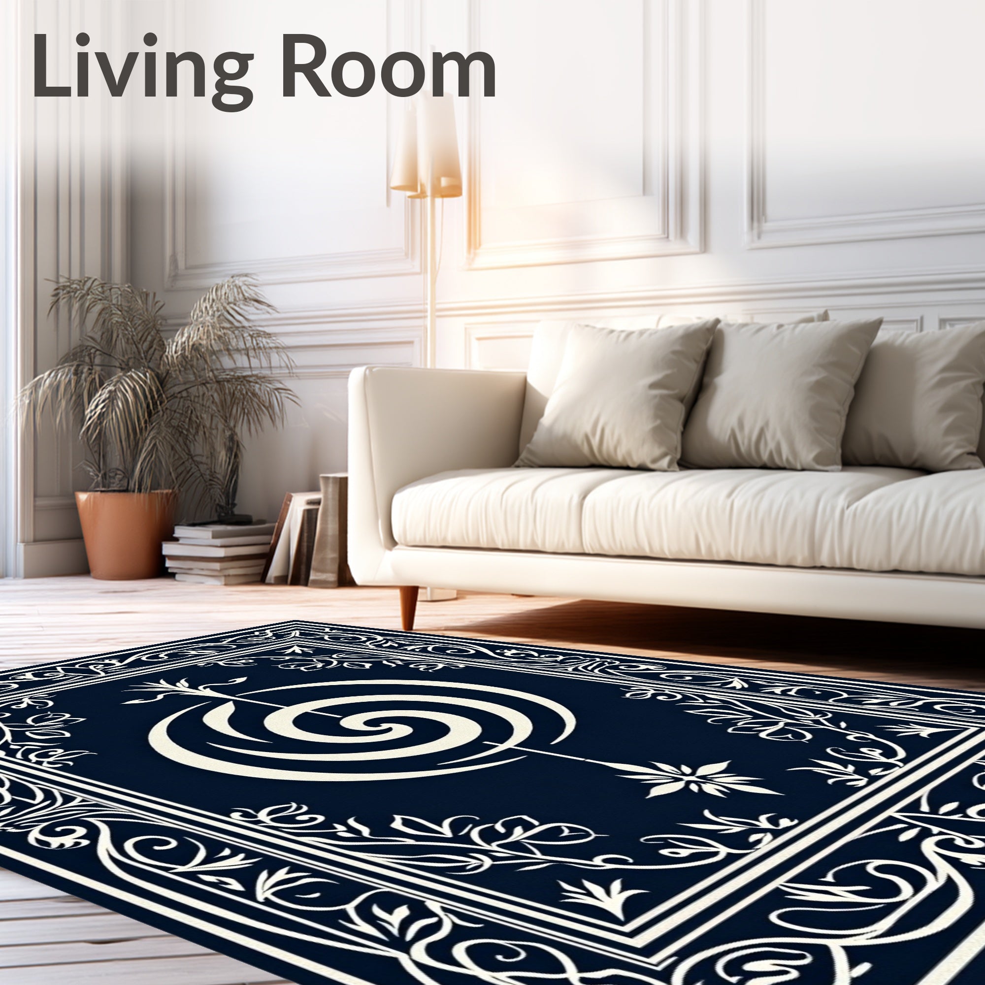 Navy Ivory Ornate Floral Scroll Rug