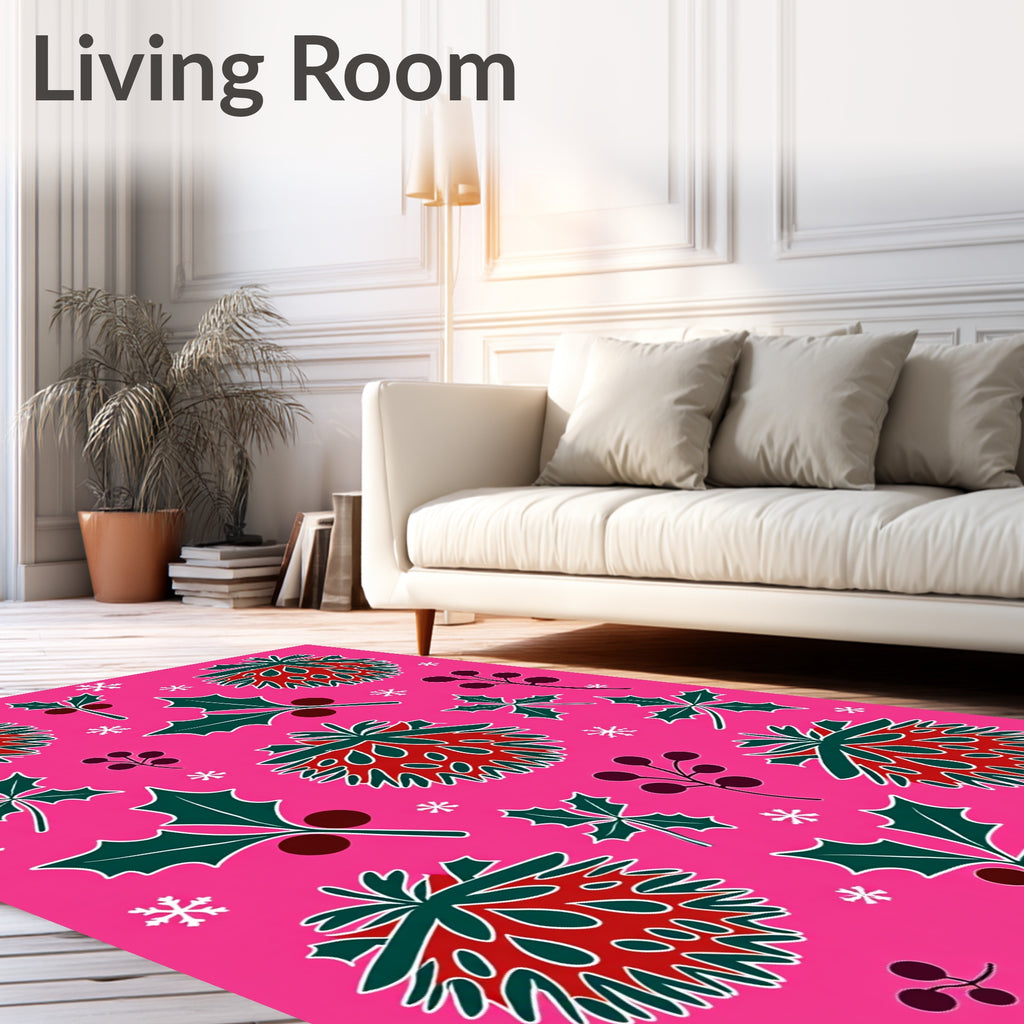 Happy Pink Pinecone Holly Berry Snowflakes Rug