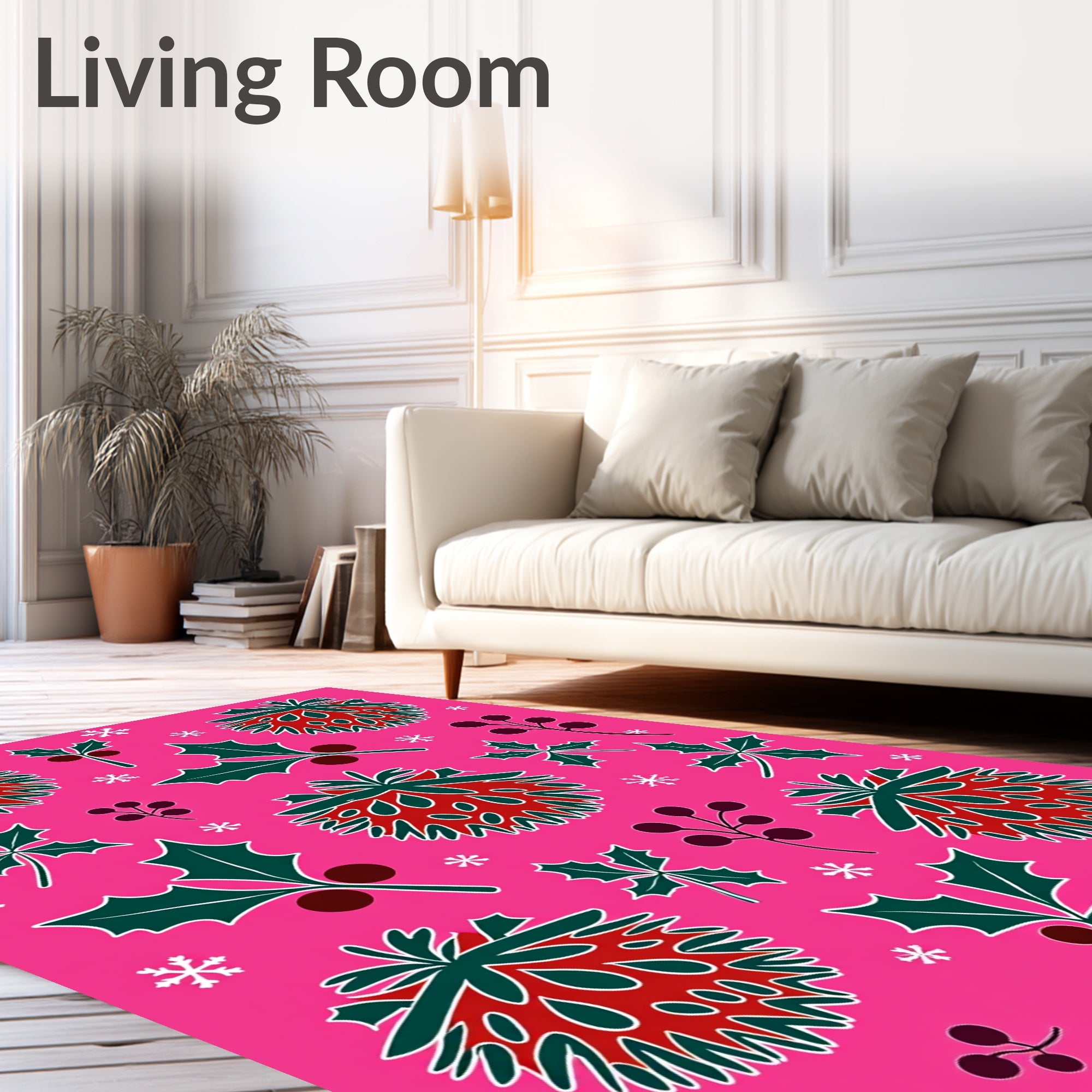 Happy Pink Pinecone Holly Berry Snowflakes Rug