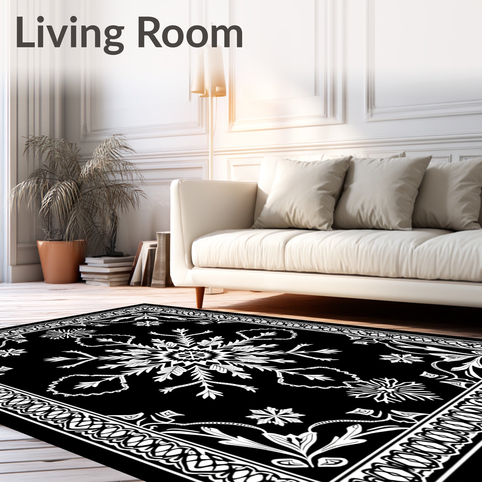 Monochromatic Black White Floral Medallion Rug