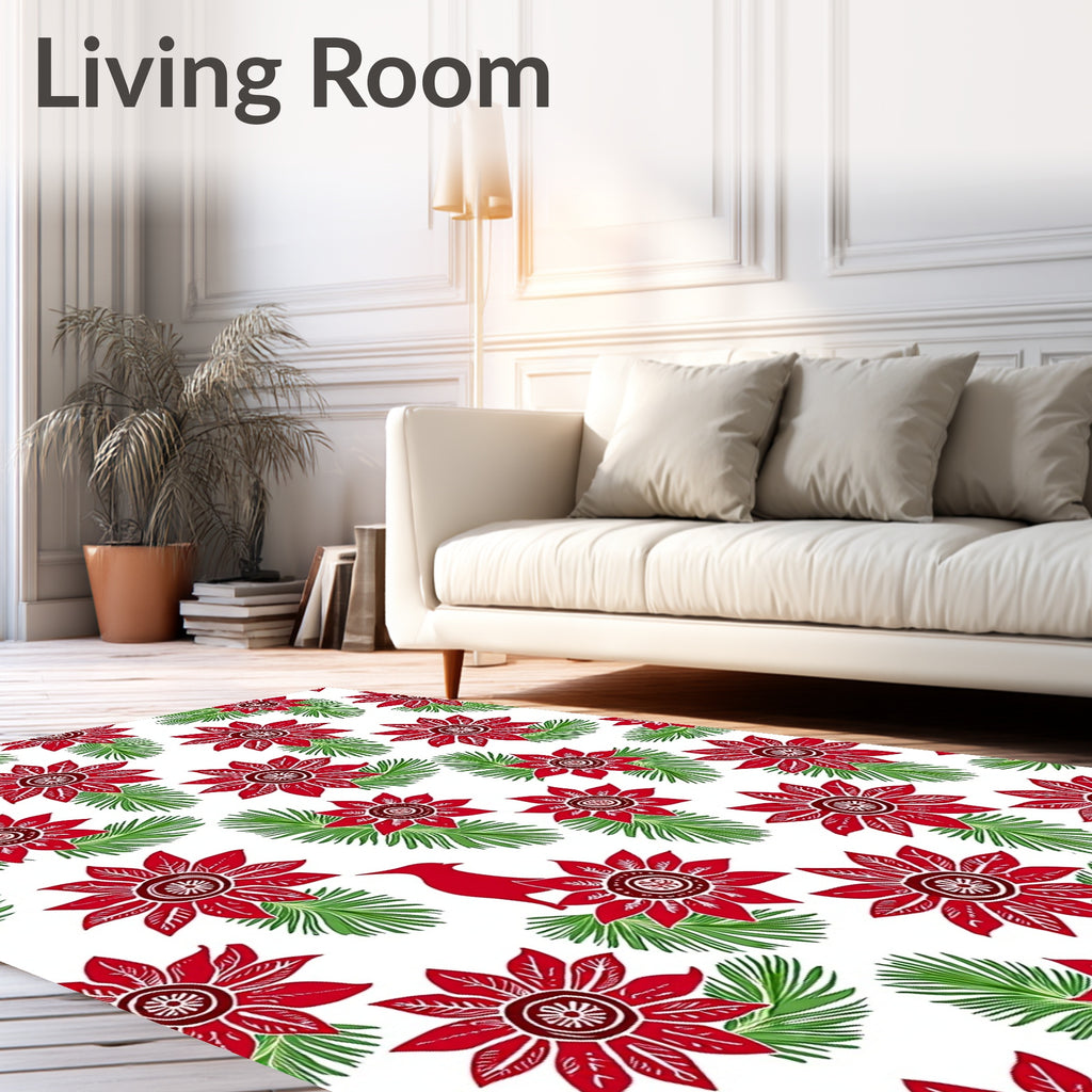 Crimson Poinsettia Cardinal Evergreen Sprigs Rug