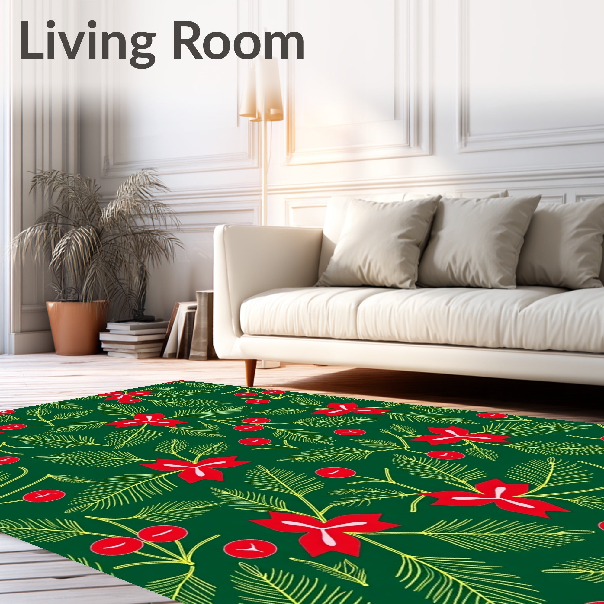 Red Poinsettia Green Berry Garland Rug