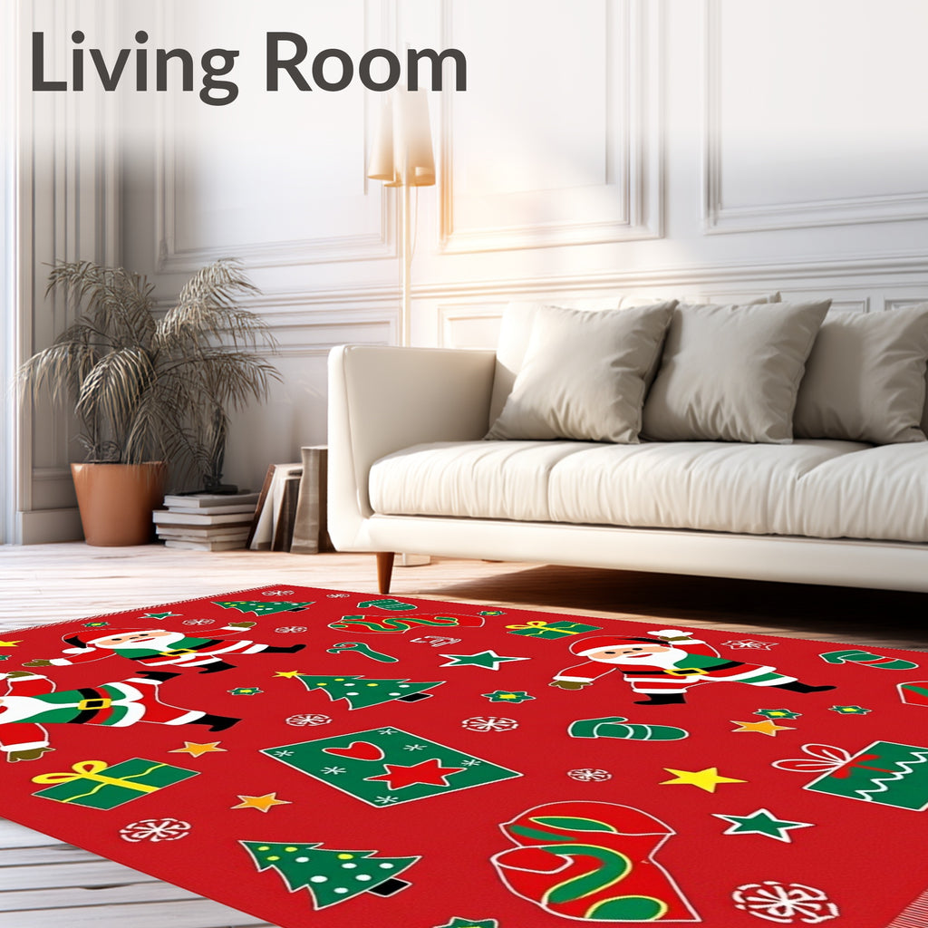 Jolly Red Christmas Santa Mittens Trees Rug