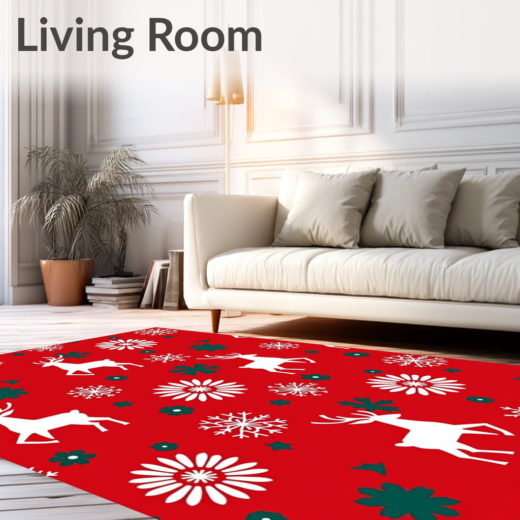 White Reindeer Snowflakes Festive Flowers Rug