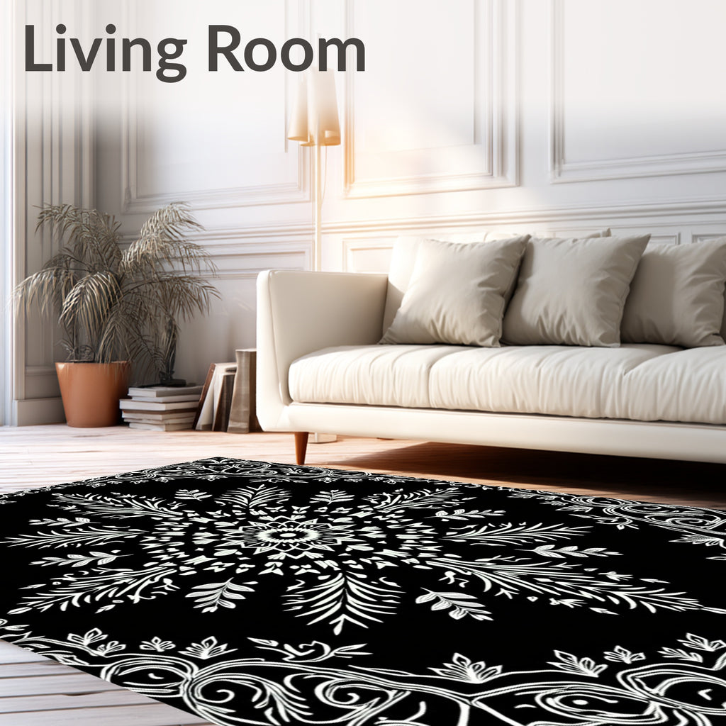 Ornate White Floral Mandala Black Rug