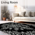 Ornate White Floral Mandala Black Rug