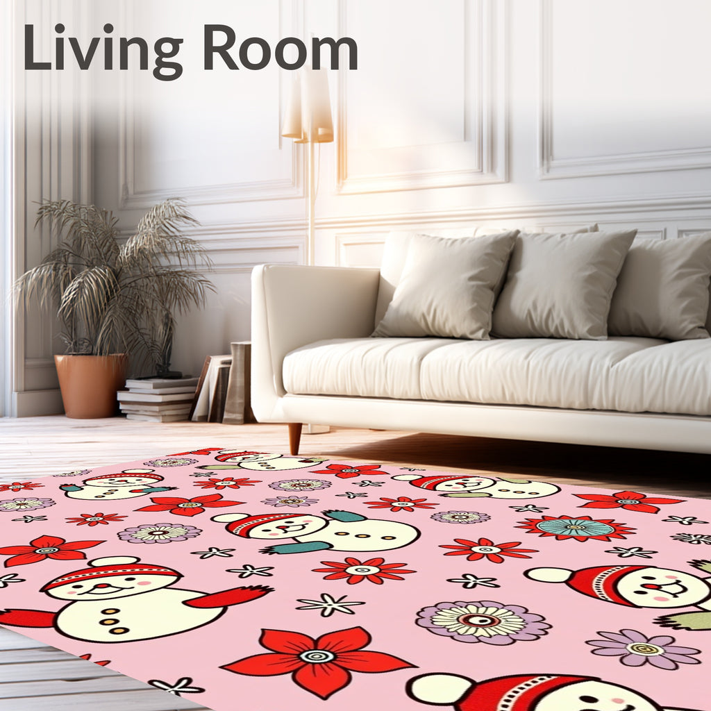 Whimsical Snowman Red Flower Pink Background Rug