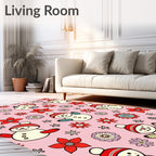 Whimsical Snowman Red Flower Pink Background Rug