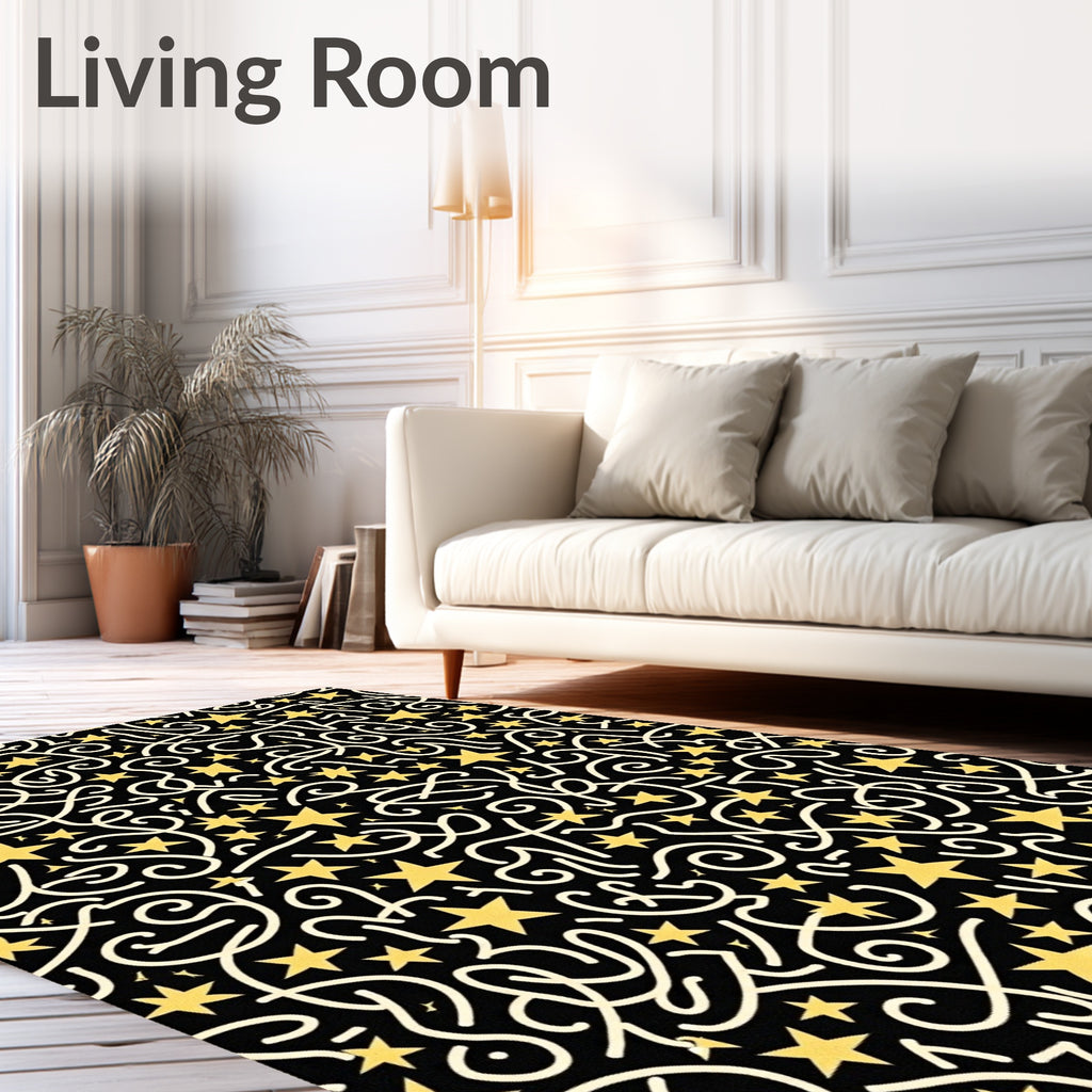 Black Gold Star Swirl Celebration Rug