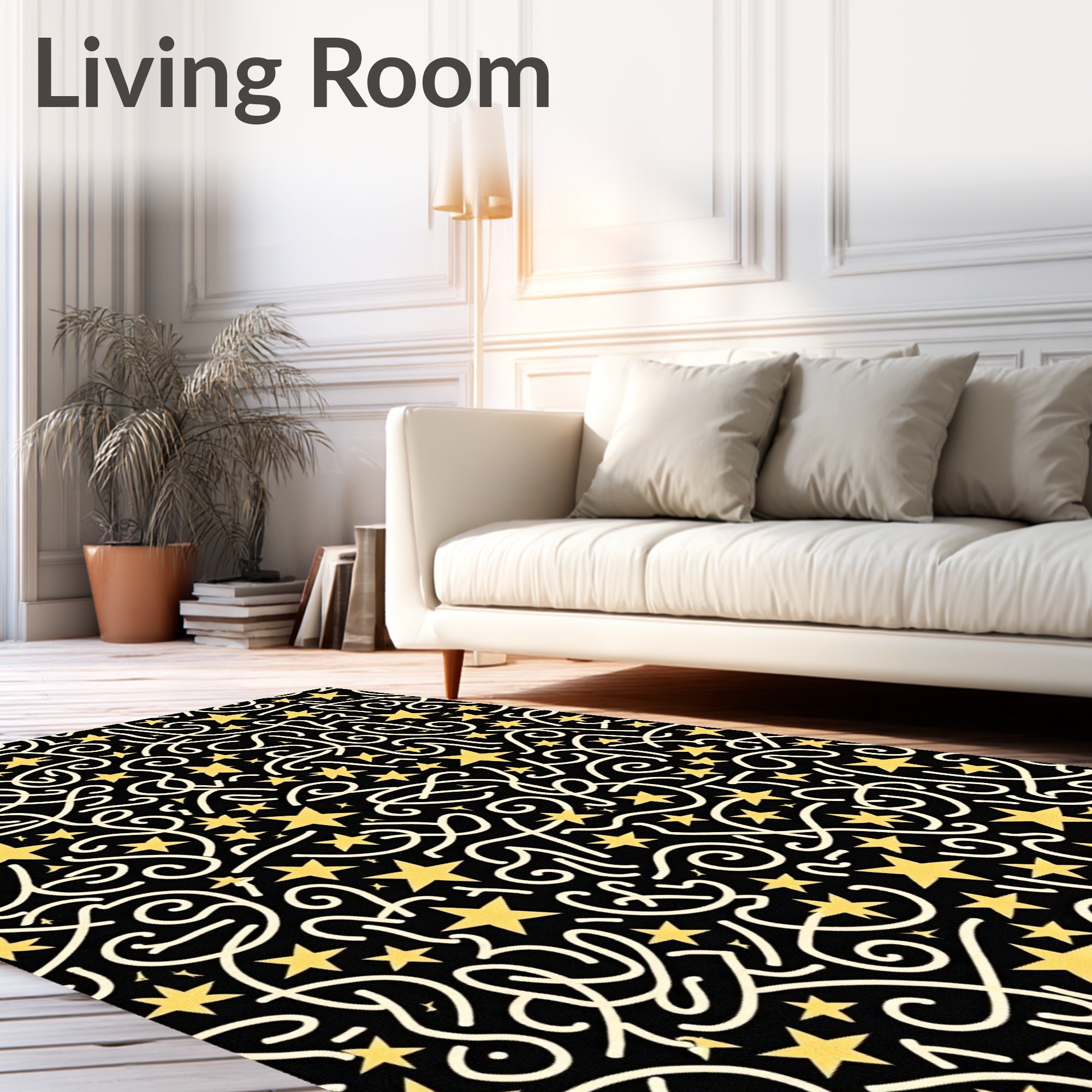 Black Gold Star Swirl Celebration Rug
