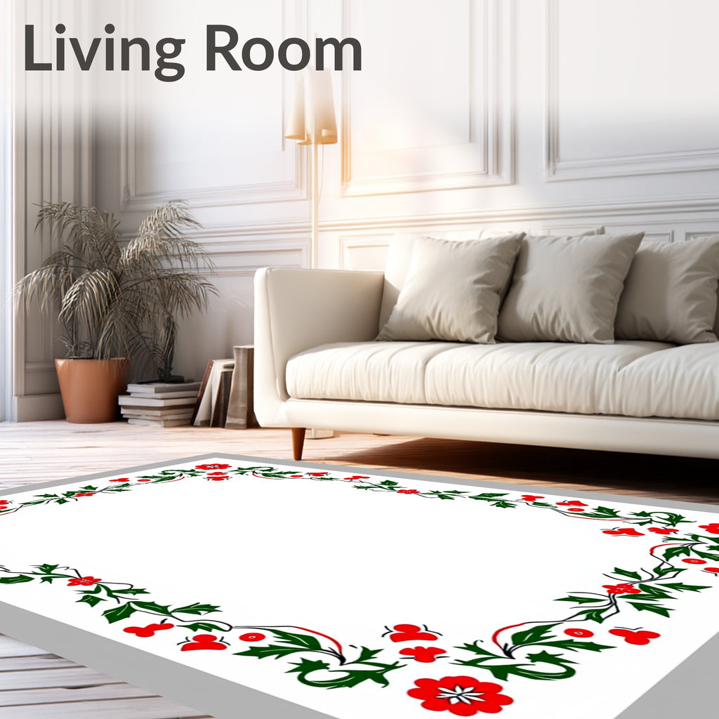 Crimson Floral Green Vine Frame Rug
