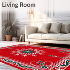 Red Snowflake Border With Green Accents Rug