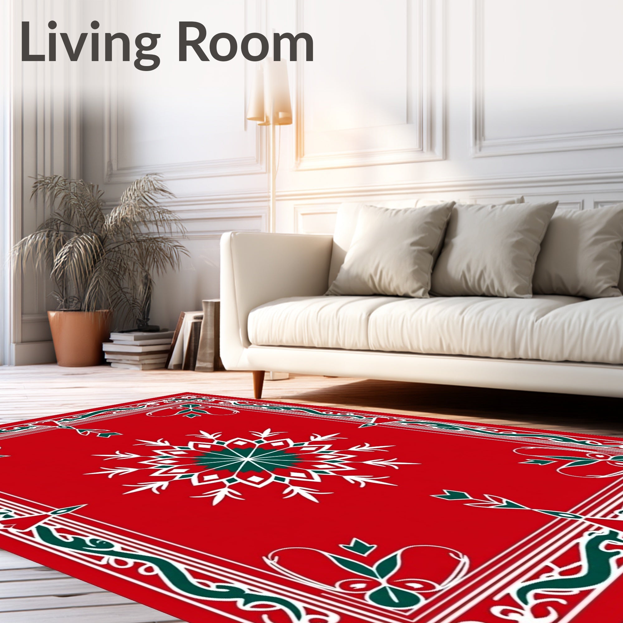 Red Snowflake Border With Green Accents Rug