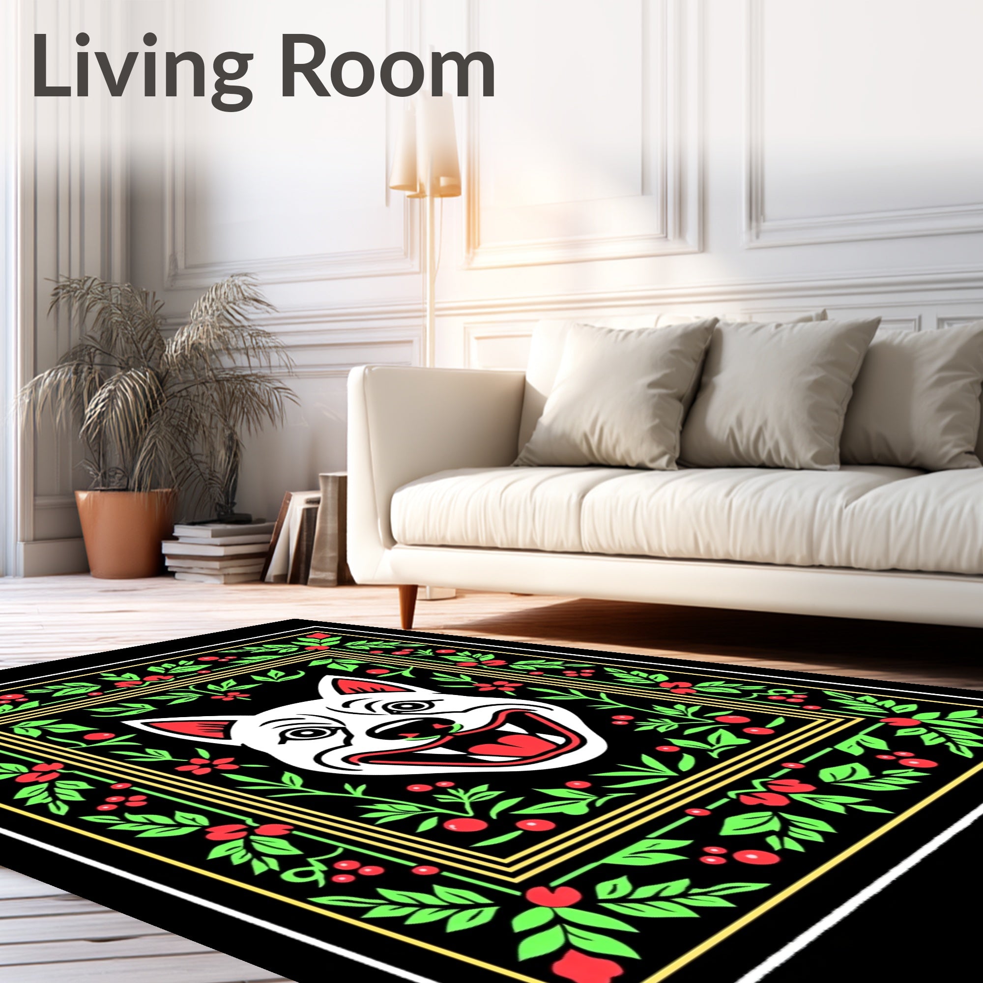 Bold White Dog Floral Border Rug