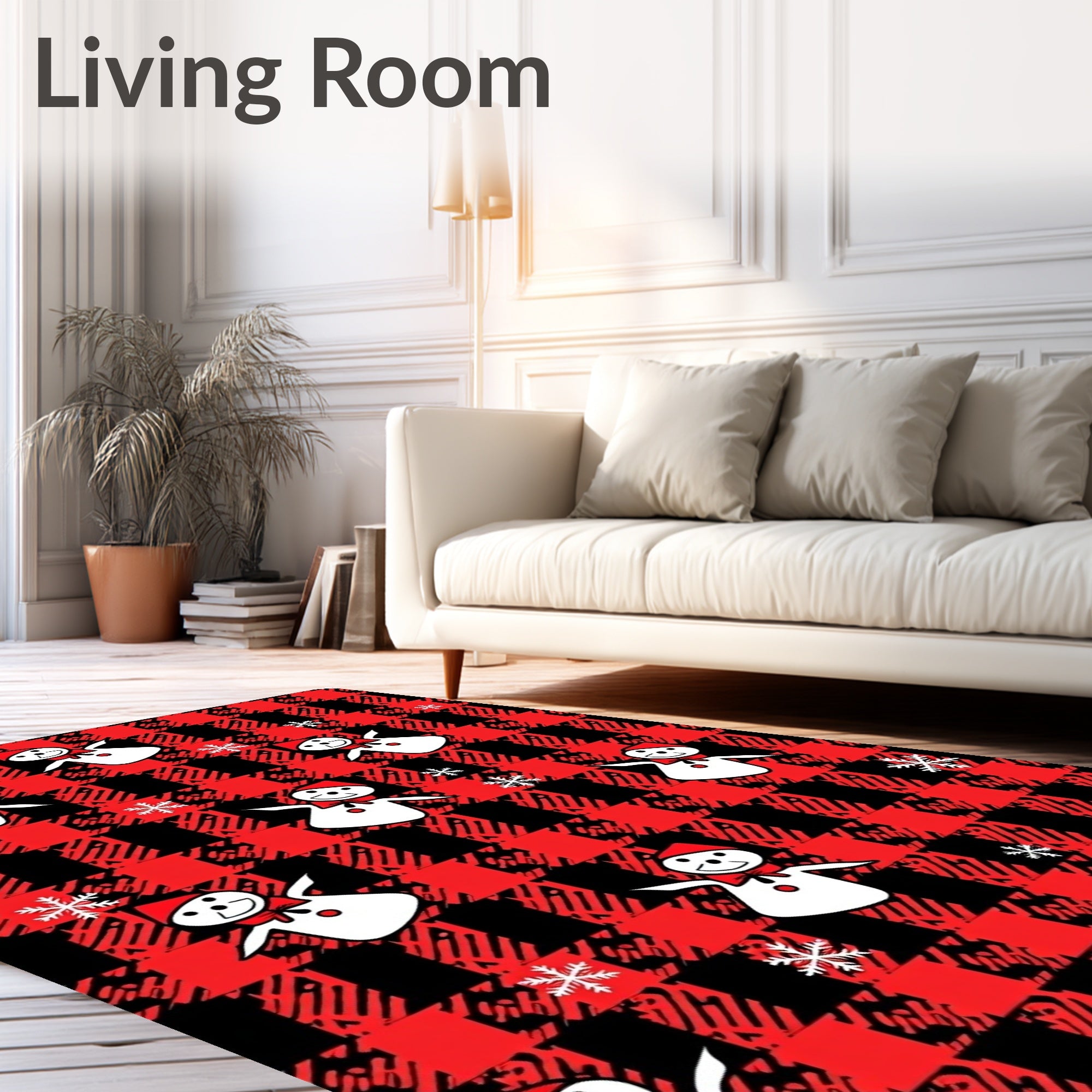 Red Black Buffalo Plaid Snowmen Snowflakes Rug